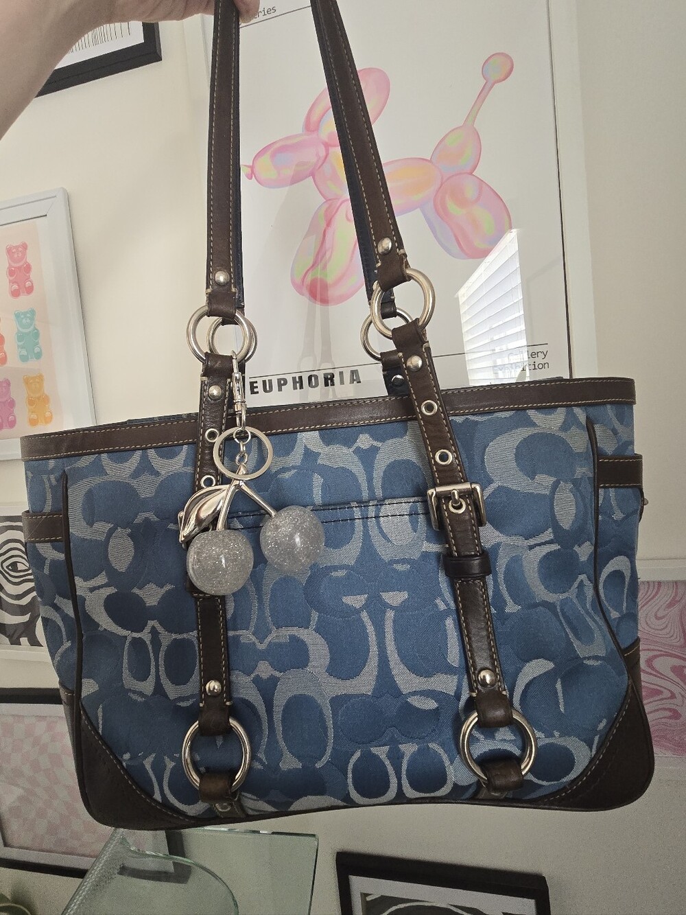 Vintage Coach Optic Blue Tote Bag W/Cherry Charm